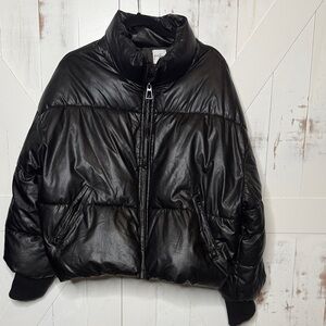 Black Vegan Leather Bomber Puffer Jacket